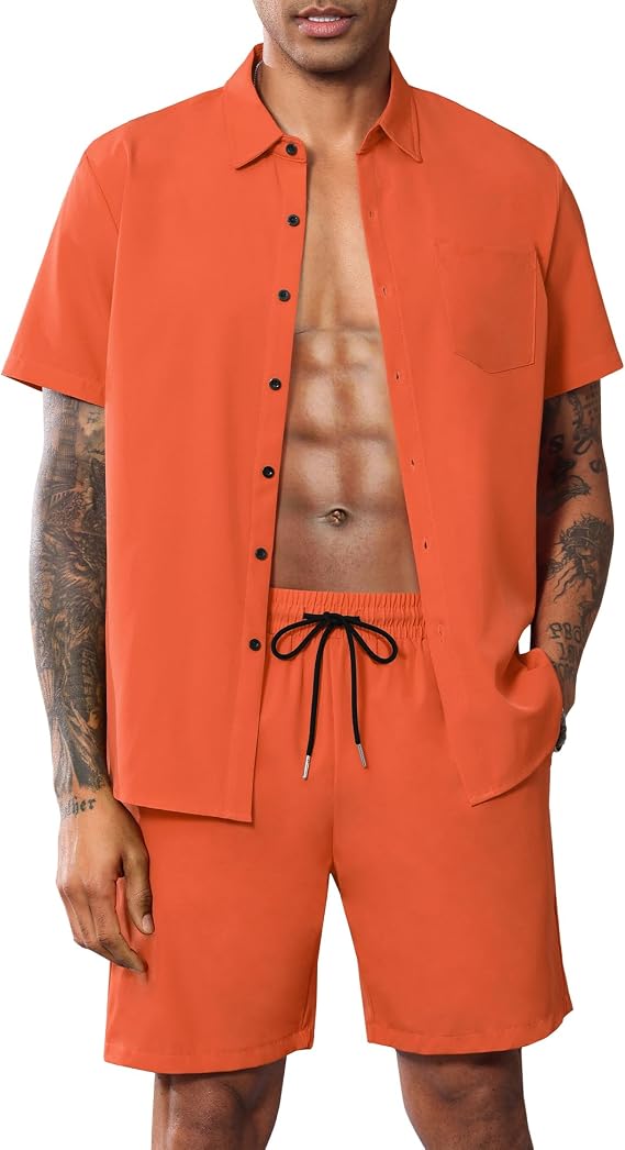 Men Summer Casual Short Sets Solid Short Sleeve Pocket Button Down Shirt