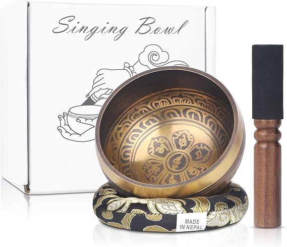 Kmise Tibetan Singing Bowls Set- Handmade in Nepal Meditation Sound Bowls for Yoga, Meditation, Mindfulness, Healing and Chakra Balancing, Stress Relief (4', Brown)