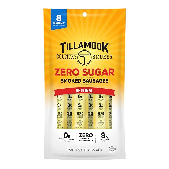 Tillamook Country Smoker Real Hardwood Smoked Sausages, Zero Sugar Original, Low Carb, High Protein, Ready to Eat Keto Snacks, Individually Wrapped, 1 Ounce, 8 Sticks in a Bag