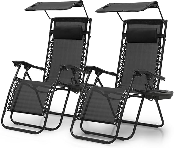 Magshion Zero Gravity Chair with Canopy Set of 2, Reclining Outdoor Patio Lounge Chair, Folding Anti Gravity Recliner, Portable Lounger with Removable Cup Holder Side Tray and Pillow Headrest (Black)