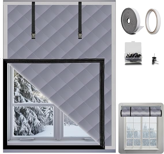 Winter Insulation Window Cover 63" x 47", Oxford Thermal Window Blanket | Insulated Cover for Thermal Barrier, Thick Cotton Filled Winter Windows Curtain for Keeping Warming