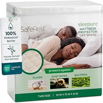 SafeRest Sleepure Waterproof Mattress Protector Twin Size - Viscose Derived from Bamboo - Fitted with Stretchable Pockets - Machine Washable Cotton Twin Mattress Cover for Bed