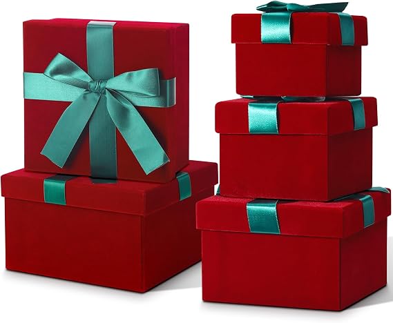 Tenceur 5 Pcs Square Gift Boxes with Lids and Ribbon, Green