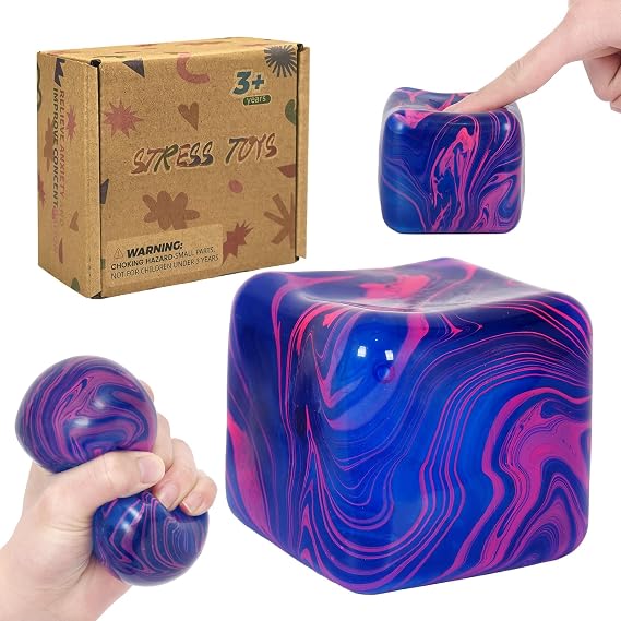 Flow Cube Plus Squeeze Toys, Thickened Soft Squishy Fidget Toy with Smooth Ripple Texture, Durable Stress Squeeze Toy for Repetitive Sensory Play(2.76in)(Blue)