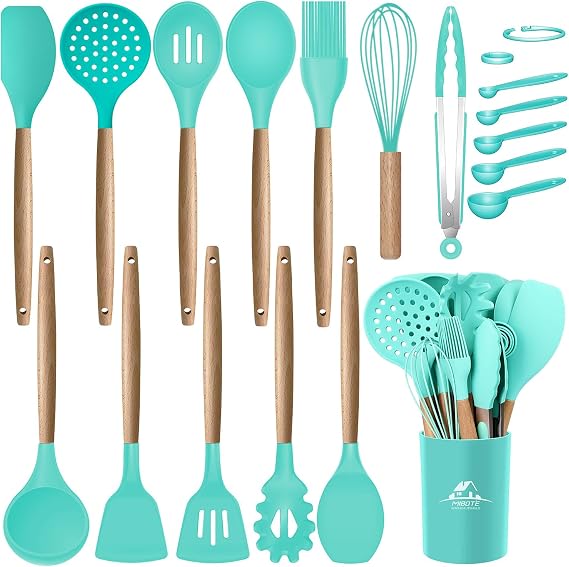 MIBOTE Silicone Cooking Kitchen Utensils Set, Wooden Handle, Teal
