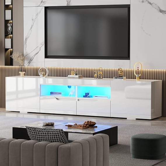 LSLIFE Modern 200cm High Gloss TV Stand Cabinet with LED Light for 85in TV