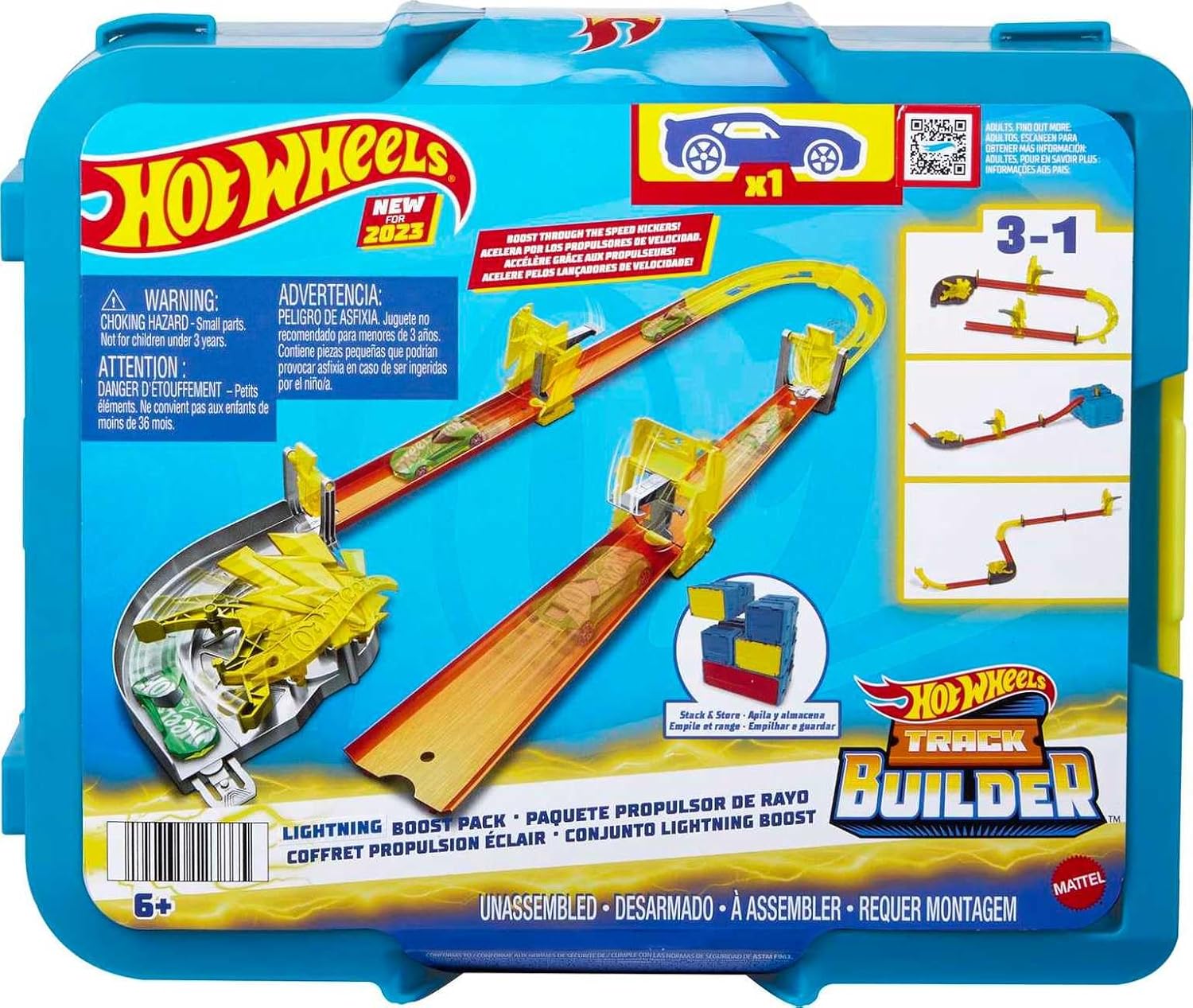 Hot Wheels Track Set with 1 Hot Wheels Car, 12 Track Boosting Components, Stackable Toy Storage Box, Lightning-Themed Track Builder Set, HMC03