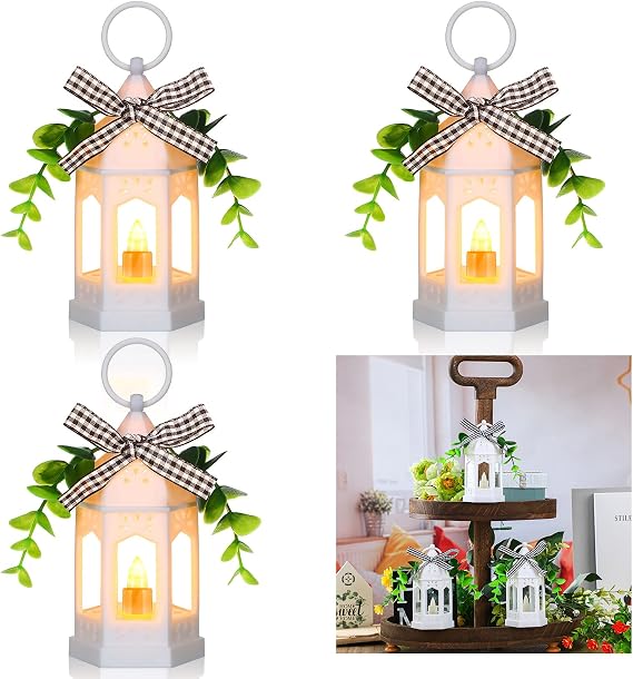 3 Pcs Farmhouse Mini Lanterns for Centerpieces Tiered Tray Decor, White