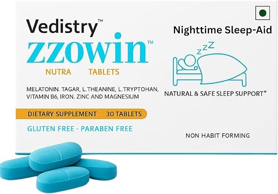 Vedistry Zzowin Sleep Support Supplement 5mg Melatonin, Valerian Root, Magnesium for Deep Sleep & Relaxation 30 Tablets | Natural Sleep Aid, Non-Habit Forming | Improve Sleep Quality | Pack of 1