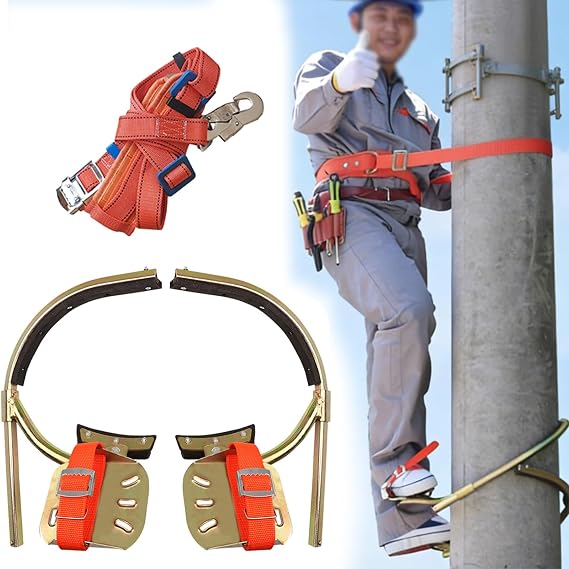 Adjustable Pole Climbing Spike & Straps, Utility/Power/Metal/Flag/Light/Telephone Pole Climbing Gear with Safety Belt, Anti Skid Pole Climbers Boots(15-25cm)