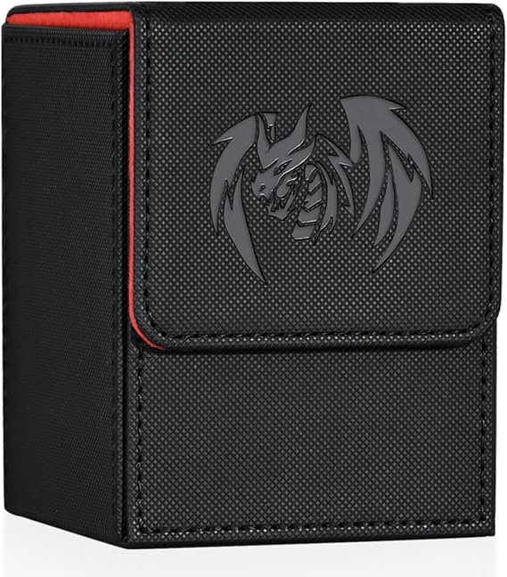 UAONO Card Deck Box for Yugioh MTG (Black & Red, Sky Dragon) | 100+ Deck Case with 2 Dividers, Fits TCG CCG PTCG, PU Leather Strong Magnet, Compatible with Magic Commander Trading Cards