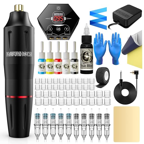 Tattoo Kit Wormhole Tattoo Gun Kit Tattoo Pen Kit Rotary Tattoo Machine Kit with Tattoo Power Supply and Tattoo Cartridge Needles Complete Tattoo Kit for Beginners Tattoo Supplies (WTK091)