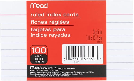 Mead Lined Index Cards, Note Cards, Ruled, 100 Count, 3" x 5", White (63350)