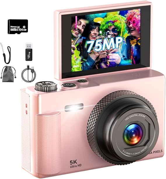 Digital Camera 5K Video Recording, 75 Million Pixels, 180° Flip Screen, Digital Camera, 64 GB, Micro SD Card Included, AF Autofocus, Compact Camera, 2.83-inch Large IPS Screen, 18x Zoom, Flash
