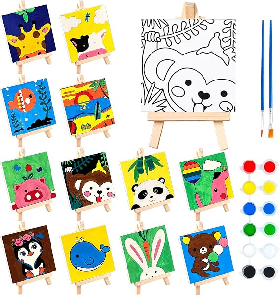 12 Sets Printed Canvas Paint Art 12 Pcs Wooden Easel Set Paint Pots and Brushes and 12 Pre Drawn Canvas Panel Party Supplies Game Prizes for Kid Adult(Dainty)
