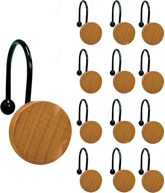 Rustic Round Wood Shower Curtain Hooks Set of 12 Modern Decorative Shower Rings with Metal Hooks for a Stylish and Durable Bathroom Upgrade (Black)