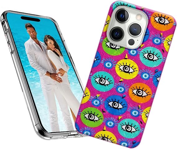 iPhone 15 Pro用ケース ガールズ レディース グリッター パール ラスター シェル スパークル キラキラ ソフト TPU スリム 携帯電話カバー iPhone 15 Pro 6.1用、クール ブルー イエロー マジック ファッション 神秘的な七面鳥 邪視