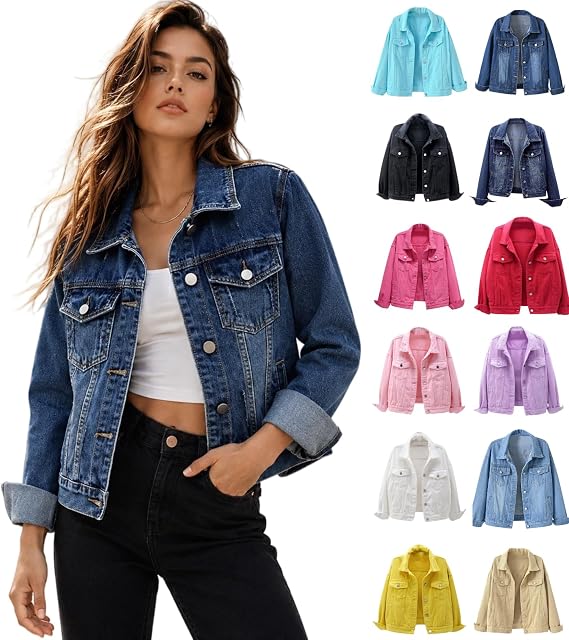 Womens Denim Jackets Long Sleeve Button Jean Coats Fall Jacket With Pockets