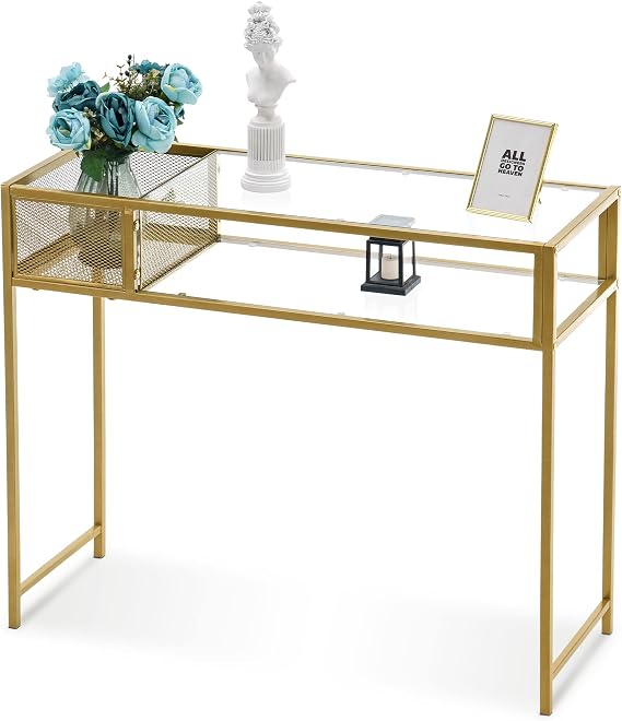 ivinta Glass Console Table with Storage, Modern Enterway Table with Tempered Glass and Gold Metal Frame for Living Room, Hallway, Entrance, CONS-76 (Clear and Gold)
