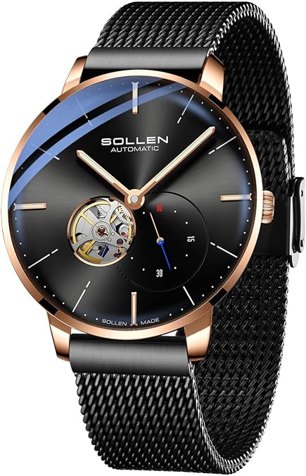 Skeleton Watch for Men, Black Automatic Mechanical Watches with Minimalist Dial & Seconds Subdial, 3D Curved Glass, 30M/3ATM Water Resistant, Skeleton Case Back, Casual Dress Self-Winding Watch - 42mm