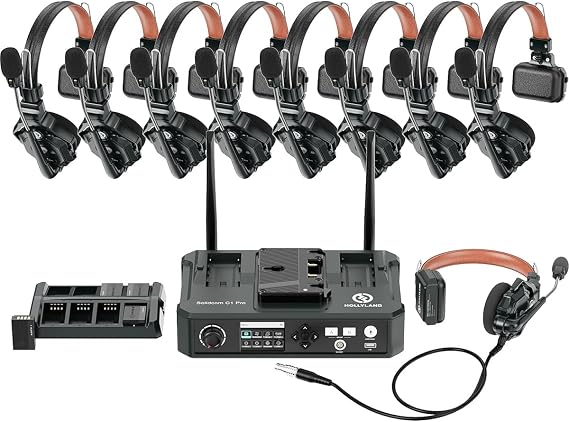 Hollyland Solidcom C1 Pro Full-Duplex ENC Wireless Intercom System with 9x Single-Ear Headsets and Hub Base | 9-headset full-duplex system with ENC and hub base for production, broadcasting and live events