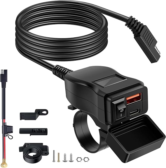 Motorcycle USB Charger, Waterproof SAE to USB Motorcycle Charger, Dual USB Type C PD and 6.8A Quick Charge, 3.0 Motorcycle Phone Charger Handlebar Mount with Voltmeter and ON/Off Switch
