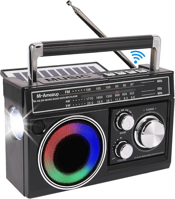 Radios Portable AM FM, Retro Portable Radio with Bluetooth Speaker and Flashlight, Strong Reception with Colorful Mood Lights, TF Card, Solar/Battery/AC Rechargeable for Gift,Elder,Home,Black