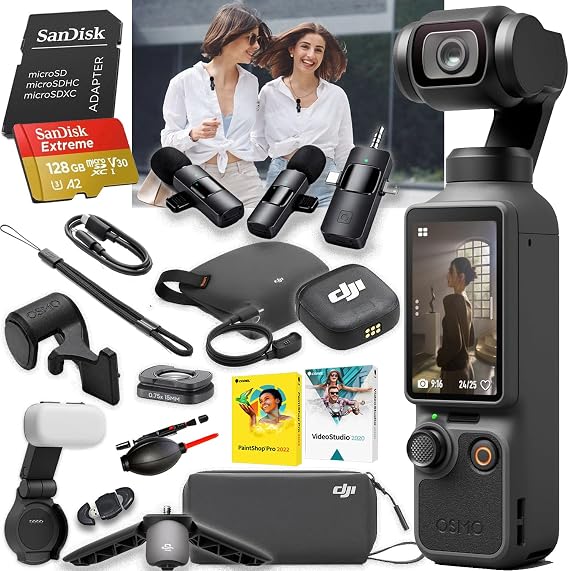 DJI Osmo Pocket 4 Creator Combo, Vlogging Cameras, 4K/240fps Vlog Camera, 3-Axis Stabilization, 128GB Extreme Memory Card + Wireless Lavalier Microphone + More