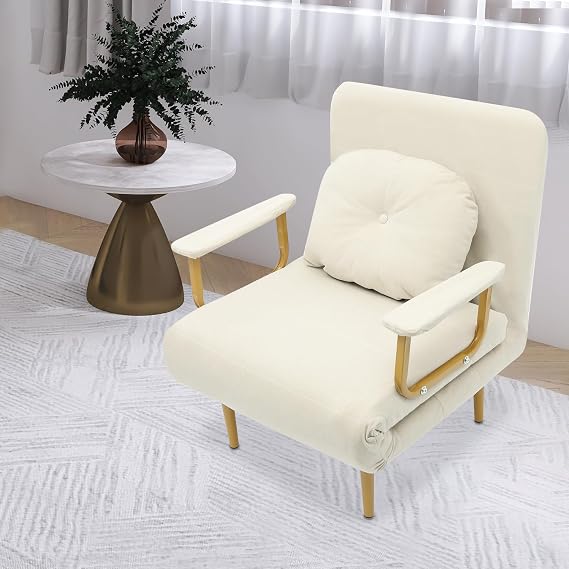 Convertible Sleeper Chair Folding Sofa Bed Chair with Pillow 5 Position Adjustable Backrest Metal Legs 280lb Capacity for Home Dorm Guest Apartment Off White