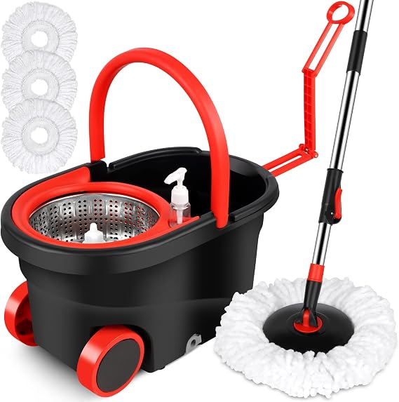 Mop Bucket with Wringer Set, Extended Stainless Steel Handle, 3 Microfiber Replacement Mop Head Refills, 2 Wheels for Floor Cleaning, Black/Red
