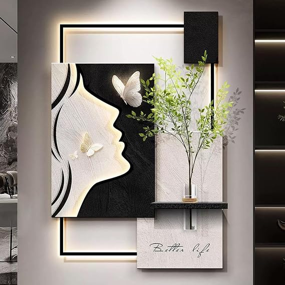 FQWYNMZ 3D Wall Sculptures Hanging, Creative Wall Art Decor with Glass Vase and Fake Plants, Illuminated Walls Sculpture, Decorative Relief Mural with Remote Control(Beige,40x60cm/16x24in)