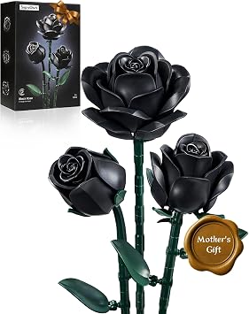 iATOM Black Roses Flower Building Set - 3Pack, Gift for Mother Day Mom/Her/Girlfriend/Wife/Couple, Gothic Emo Vintage Retro Artificial Flowers Botanical Collection Basket Stuffers Home Decor Aesthetic