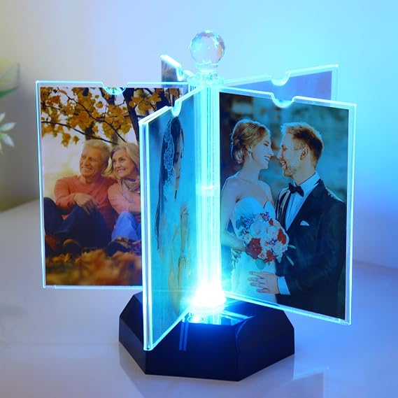 ZEEYUAN Auto-Rotating 4x6 Photo Frame Acrylic Picture Frame with Night Lighting/Multiple Picture Frame to Display 10 Photos,4x6 Family Photo Frame Collage for Desktop