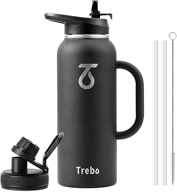 Trebo 40 oz Water Bottle Insulated with Side Handle and Straw Spout Lids