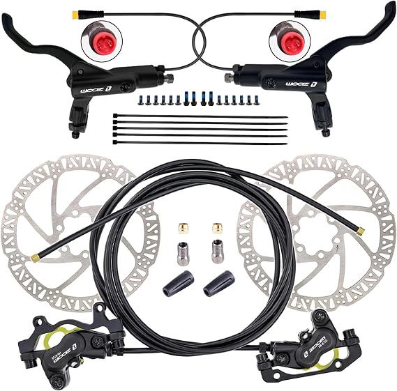 Zoom HB876E 2-PIN/3-PIN 4-Pistons E-Bike Electric Power-Off Hydraulic Brake Set with 180mm Rotors, Pre-Bled Hydraulic Disc Brake Caliper Lever for eBike (Included Mounting Adapter)