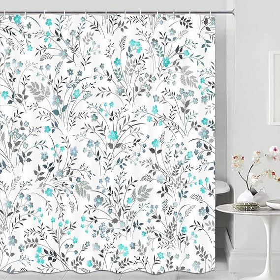 JAWO Spring Floral Shower Curtain,Blue and Yellow Watercolor Floral Shower Curtains, Teal Leaf Bathtub Accessories for Women Restroom Green Botanical Bathroom Curtain Set with Hooks, 72X72
