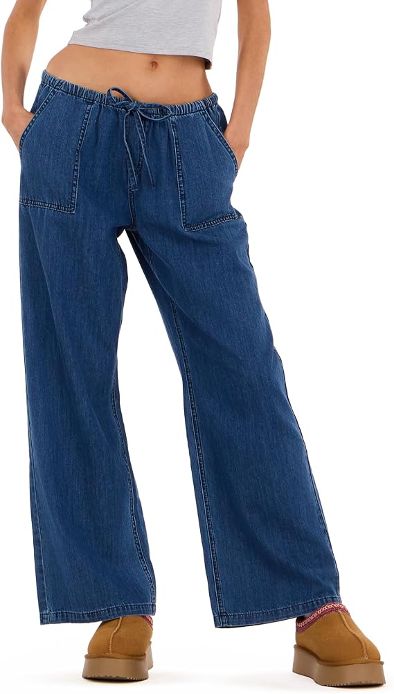 Forever 21 Women's Wide Leg Light Weight Denim with Drawstring and Pockets