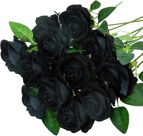 12pcs Black Artificial Roses, Single Long Stem Fake Rose Silk Flowers Faux