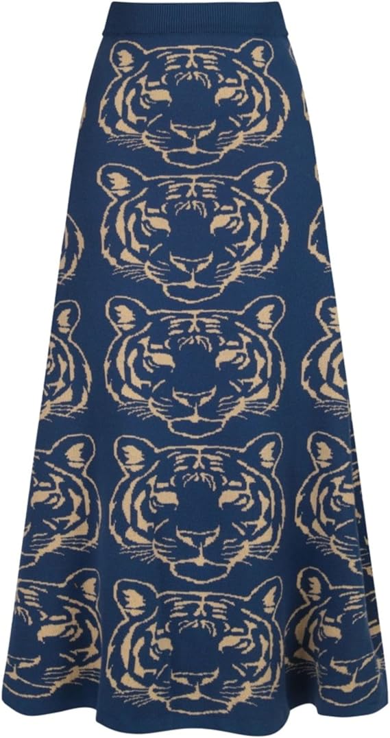 OXKnit Knittd Midi Skirts for Women, Mod Style Casual Retro Tiger Pattern High Waist A Line Cotton Blue Skirts