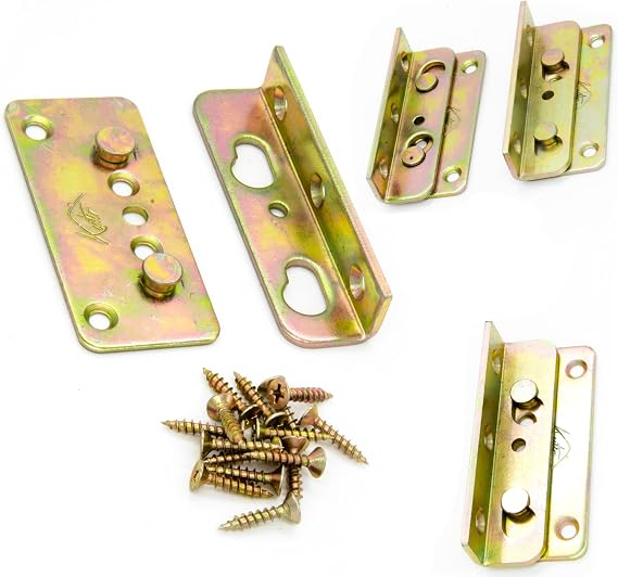 Kutir No-Mortise Bed Rail Fittings Complete Set of 4 - Heavy Duty Rust Proof Frame Bracket for Connecting to Wood, Headboards and Foot-Boards, Universal FIT - 3.4 X 1.4 X 0.6 Inch High with Screws