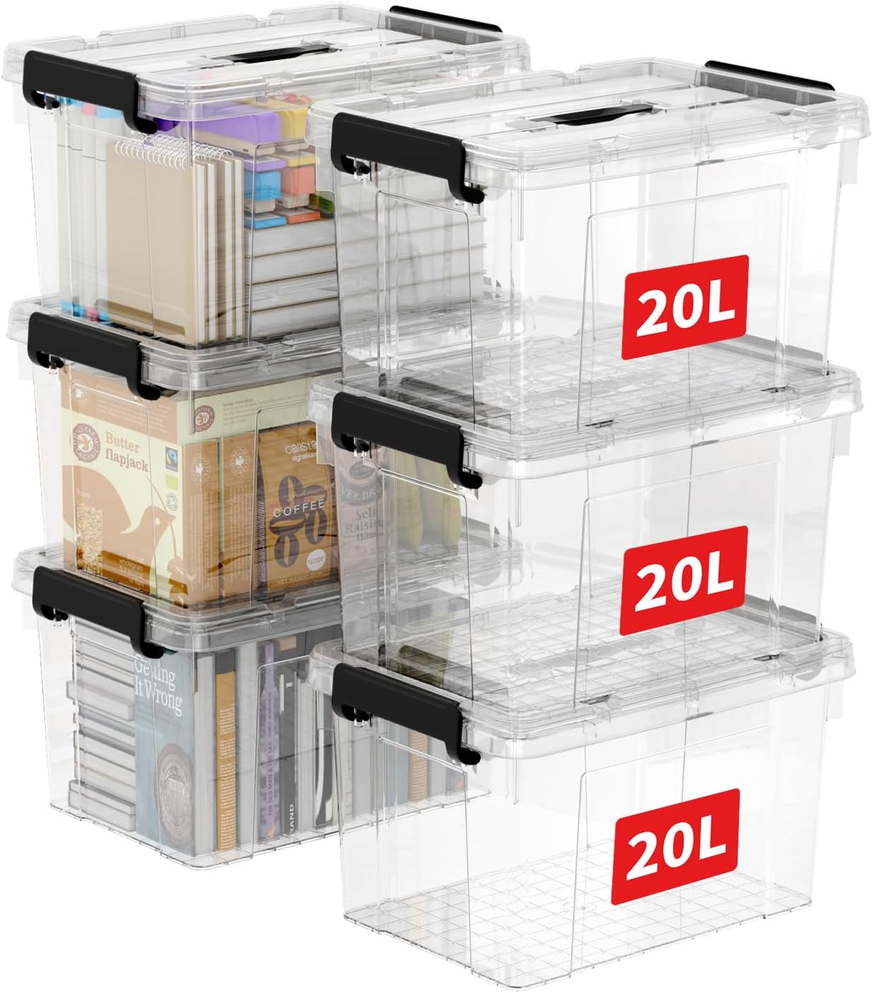 Cetomo 20L6 Storage Boxes, Carry Plastic Storage Box with Lids, Clear Organizing Container with Handle and Secure Latches, Nestable & Stackable Tote Box for Home Office, 20L-6 Pack, Transparent