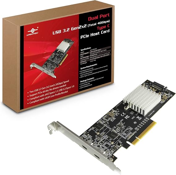 Vantec Dual Port USB 3.2 Gen2x2 (2x20Gbps) Type C PCIe Host Card, 15Watts per Port, PCIe v2.0 x8, Two USB C Dedicated Ports (UGT-PCE340C)