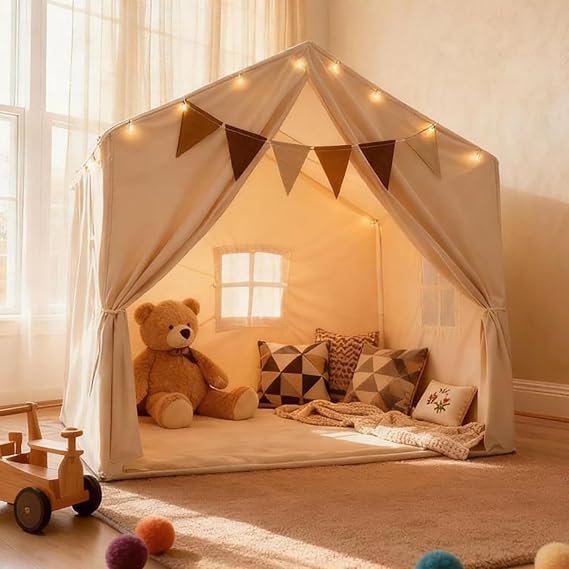 Kids Play Tent, Indoor Playhouse with Mat/Star Lights/Flag - Large 52"x35"x52" Play Tent for Kids, Reading Nook & Playroom Canopy for Boys and Girls(Beige