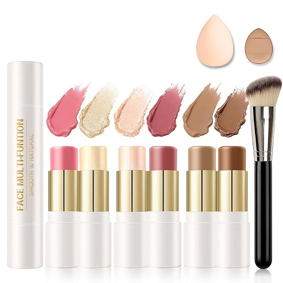 6 Colors Cream Contour Stick Makeup Kit, Double-ended Cream Bronzer Stick Highlighter and Blush Stick Set for Sculpt the Cheeks, Buildable Easy to Apply for Beginners, Set A