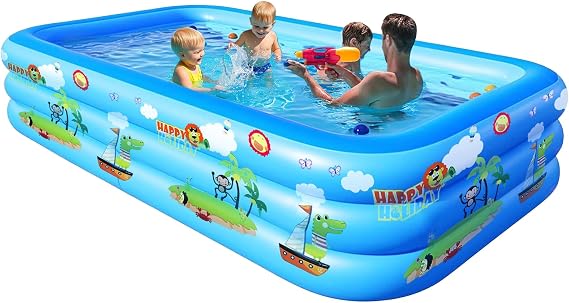 GALAXYER Inflatable Paddling Pool with Cartoon Prints, 3 Rings Large Rectangular Family Swimming Center for Kids Toddlers Adult, Indoor Outdoor Garden Swimming Pool, 205 × 125 × 45 CM