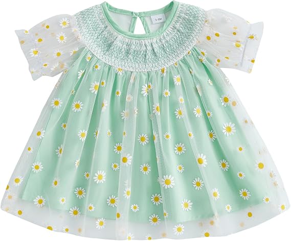 Baby Girl Dress Smocked Puff Sleeve Mesh Tutu Tulle Dresses Princess Birthday Baptism Wedding Dresses Summer Clothes