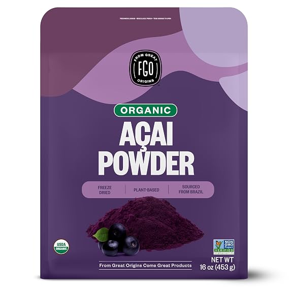 FGO Organic Acai Powder, 1 Pound / 16oz Bulk Resealable Pouch, Freeze Dried Superfood Berry from Brazil, No Sugar & Additives,Great for Drinks, Smoothie, Beverages, Non-GMO (Pack of 1)