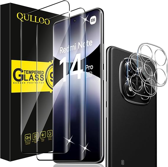 QULLOO Screen Protector for Xiaomi Redmi Note 14 Pro 5G / Poco X7 5G for Tempered Glass Pack of 2 Screen Protectors with 2 Camera Protection 9H Hardness Tempered Glass HD Clear Protective Glass Anti-Scratch Film