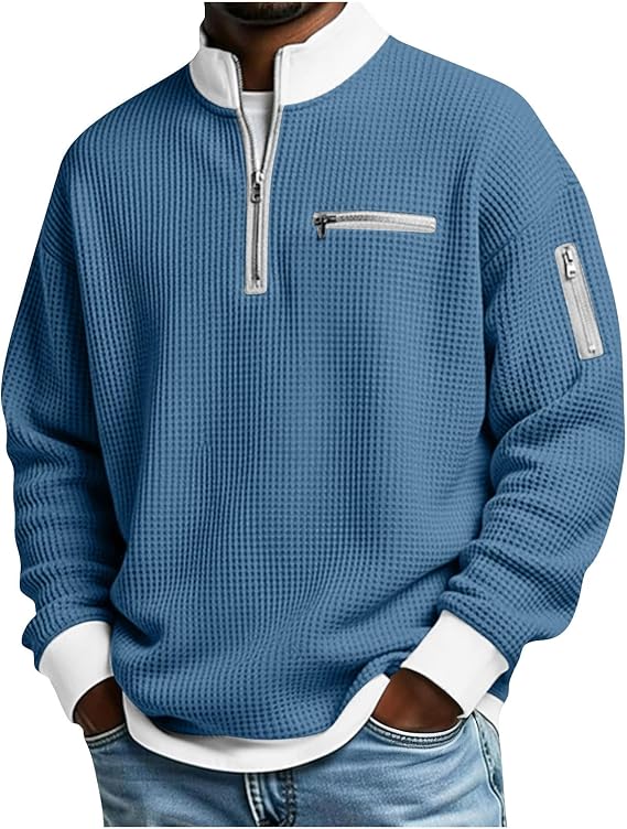Men's Waffle Sweatshirts Long Sleeve Textured Quarter Zip Pullover Tops Stand Up Collar Cable Knitted Vintage T-Shirt