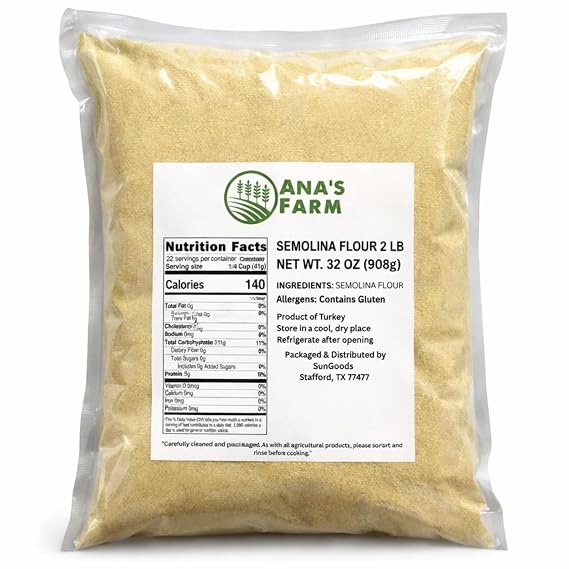 Semolina Flour 2 lb Bulk Bag Premium Quality, Clean & Natural, Coarse Wheat Flour for Pasta, Bread, Pizza Dough & Traditional Cooking
